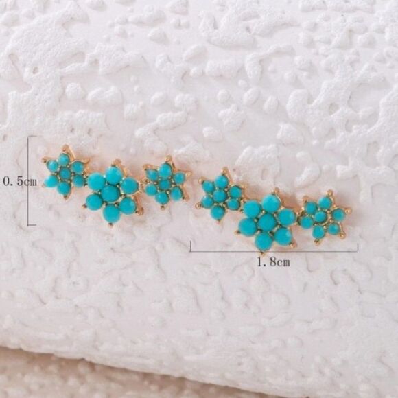 TURQUOISE GOLD FLOWER EAR CRAWLER STUD EARRINGS - Picture 4 of 4
